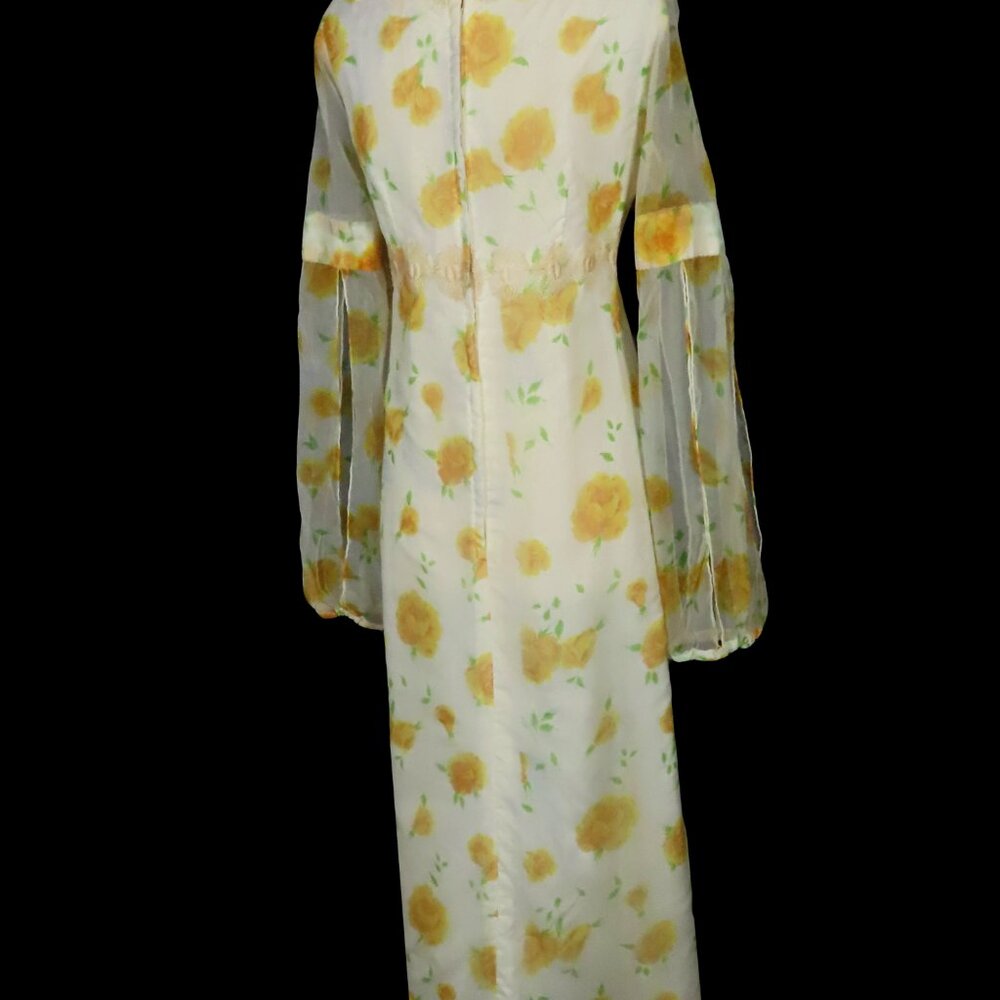 Vintage 70s Yellow Rose Floral Long Split Sleeves Empire Waist Maxi Dress L XL - Picture 6 of 16